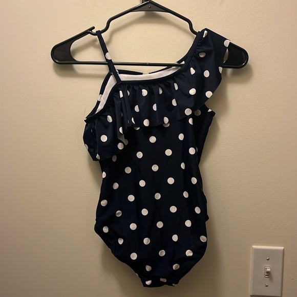 Carters girls Navy Polka Dot and ruffle one shoulder Swimsuit size 10 - Picture 5 of 8